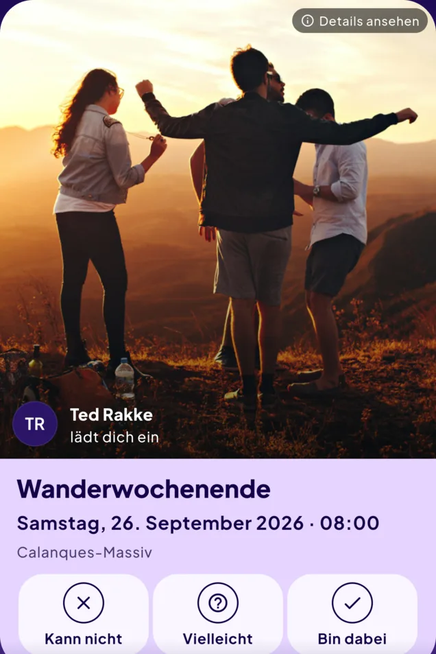 Einladungskarte zum Wanderwochenende am Samstag, 26. September 2026 um 8 Uhr in den Calanques, verschickt von Ted Rakke.