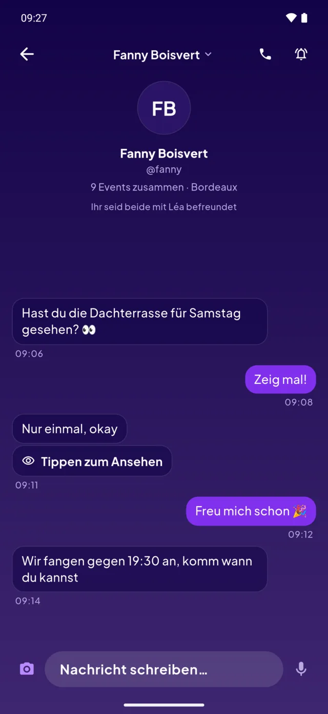 Ein privater Chat, in dem ein Einmal-Foto als „Zum Ansehen tippen“ erscheint.