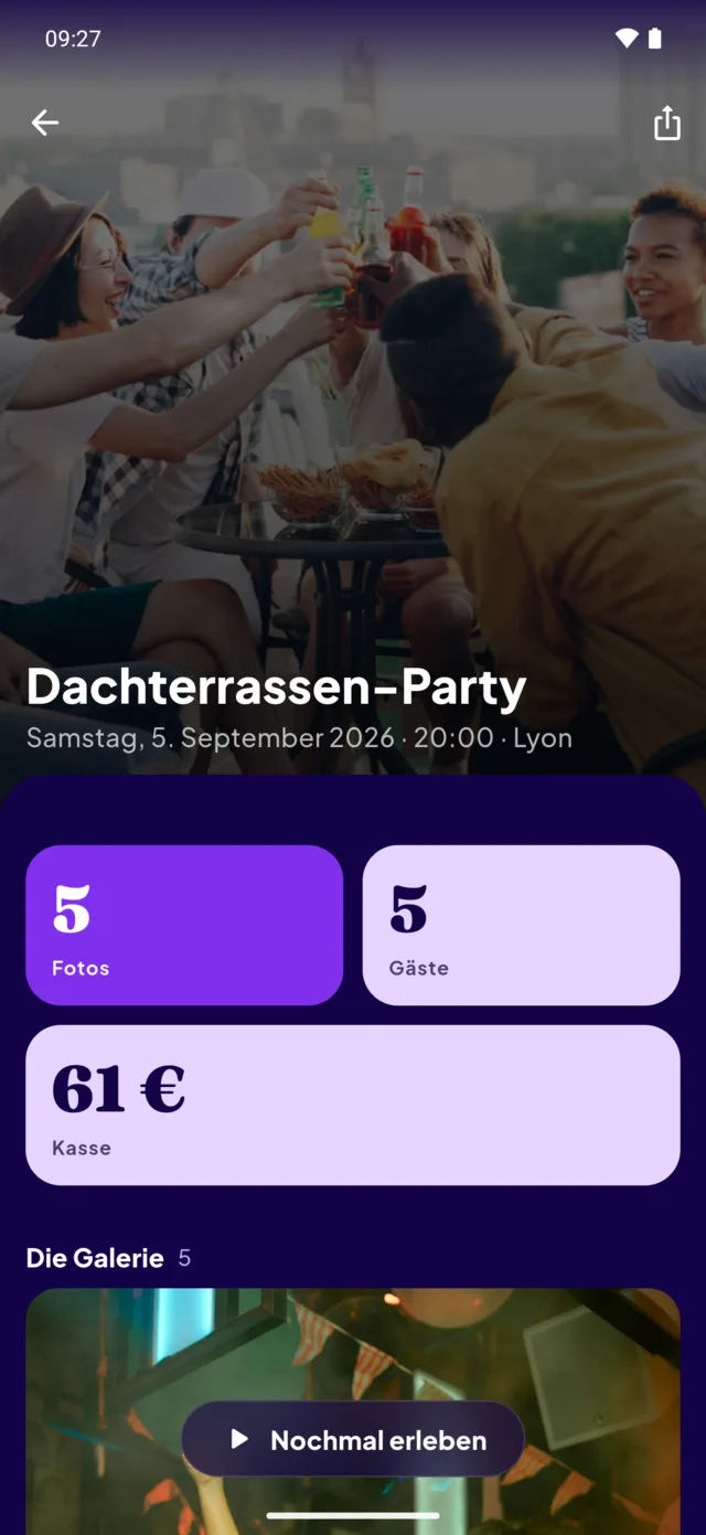 Der Rückblick auf die Dachterrassen-Party: fünf Fotos, fünf Gäste, einundsechzig Euro in der Kasse.