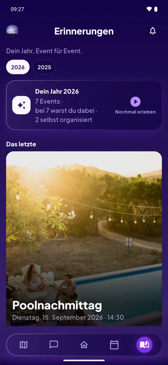Der Bereich Erinnerungen: „Dein 2026, sieben Events, sieben davon dabei, zwei selbst veranstaltet“.