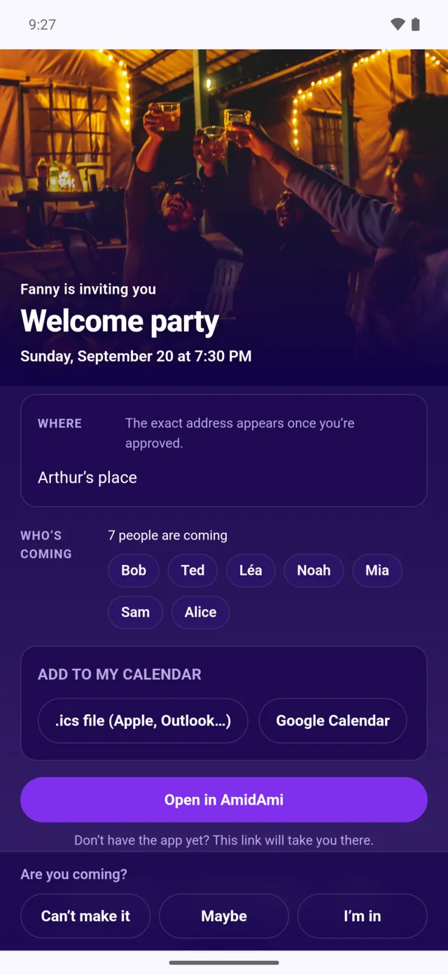 The web page of an invitation, open in a browser: “Fanny is inviting you — Welcome party”, with who’s coming and the three answers at the bottom.