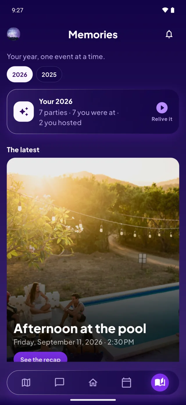 The Memories hub: “Your 2026, seven parties, seven you were at, two you hosted”.