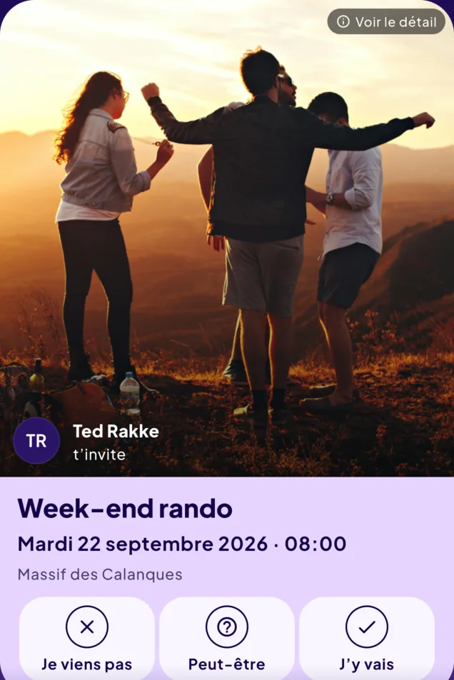 Carte d’invitation au week-end rando du mardi 22 septembre 2026 à 8 h, dans le massif des Calanques, envoyée par Ted Rakke.