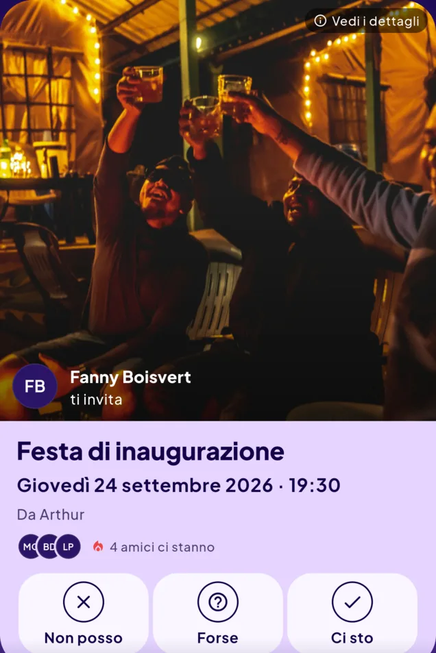Carta d’invito per la festa di inaugurazione di giovedì 24 settembre 2026 alle 19:30, da Arthur, mandata da Fanny Boisvert — quattro amici ci sono già.
