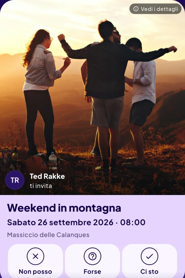 Carta d’invito per il weekend in montagna di sabato 26 settembre 2026 alle 8, nelle Calanques, mandata da Ted Rakke.
