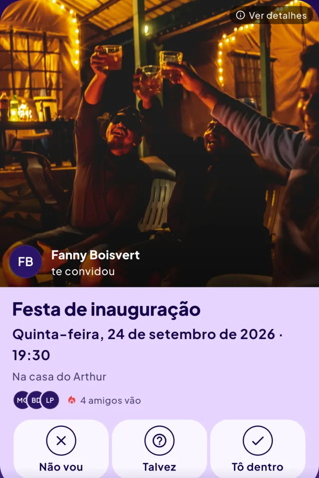 Cartão de convite para a festa de inauguração na quinta-feira, 24 de setembro de 2026, às 19h30, na casa do Arthur, enviado por Fanny Boisvert — quatro amigos já confirmaram.