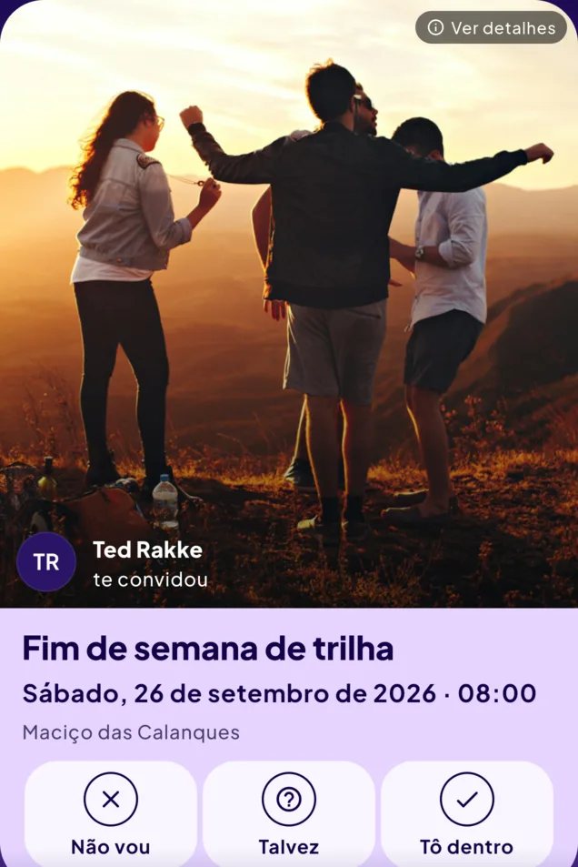 Cartão de convite para o fim de semana de trilha no sábado, 26 de setembro de 2026, às 8h, nas Calanques, enviado por Ted Rakke.