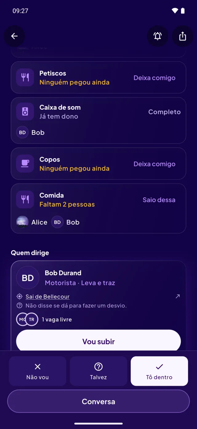 A página de uma festa: quem leva o quê, e quem dirige.